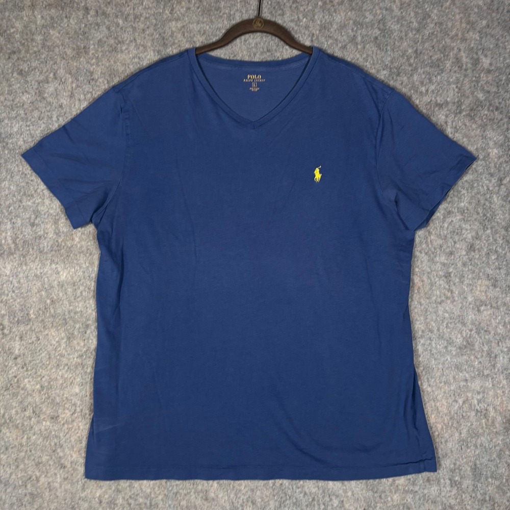 Polo Ralph Lauren V-Neck T-Shirt Mens Large Blue Yellow Pony 100& Cotton Tee